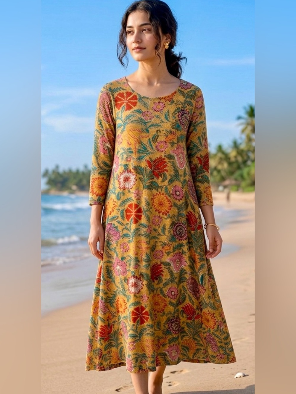 Natural life  Floral Print Mustard Midi Dress with 3/4 Sleeves